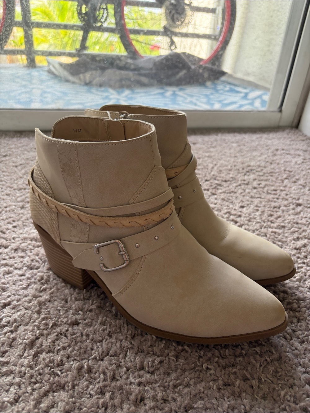 Women’s Ankle Bootie with Buckle and Braided Trim - Cream